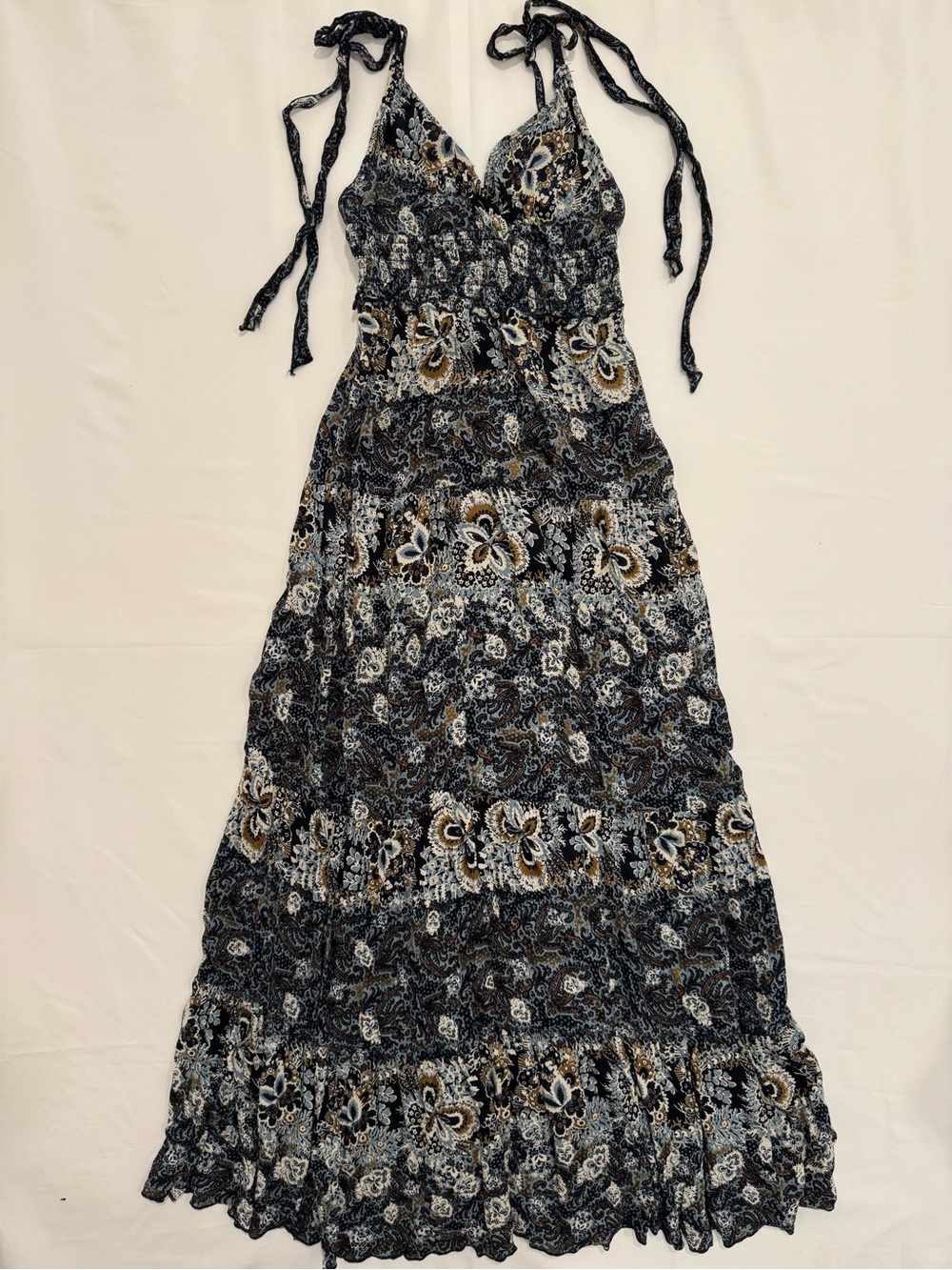 Free People Black and Cream Floral Tie-Shoulder Maxi Dress XS